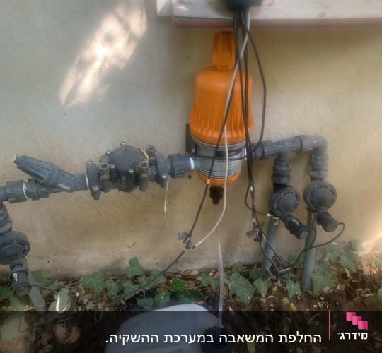 מערכת השקיה עם מיכל מים וצינורות בגינה